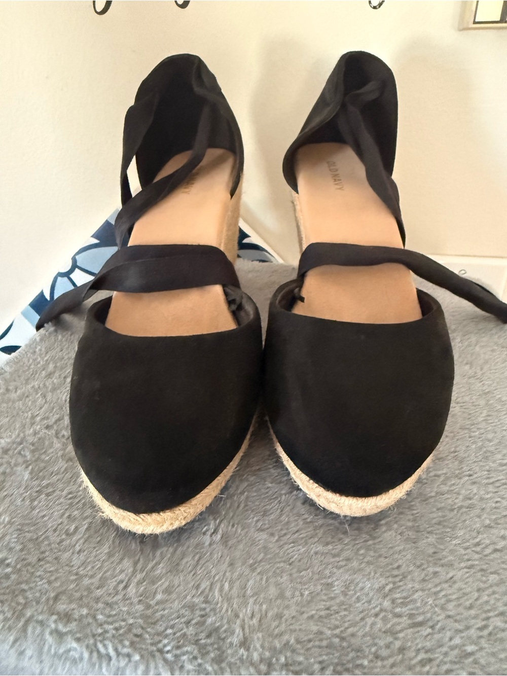 Old Navy Black Espadrille Wedge Sandals with Ankle Wrap
